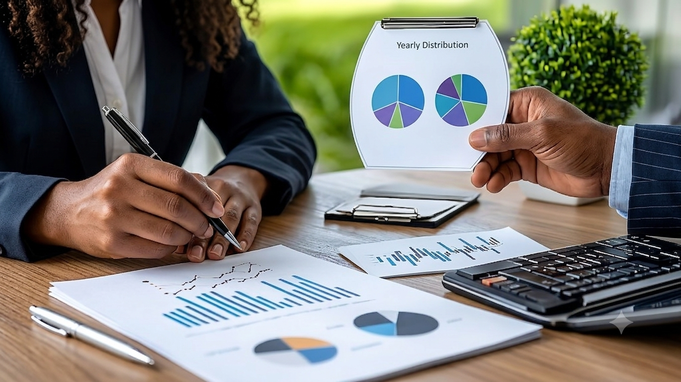 Financial charts and planning documents on a desk