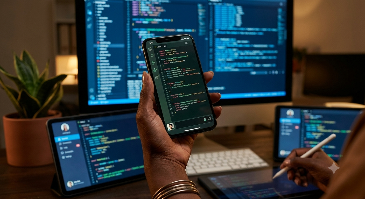 Hand holding a smartphone displaying code