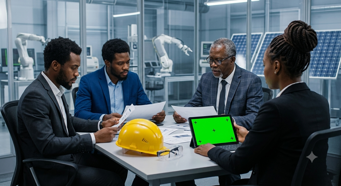 Professional using a warehouse management dashboard on a tablet in a factory