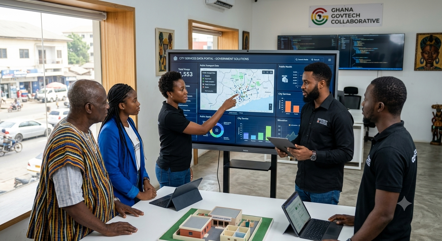 Government and engineering professionals collaborating around a table with a tablet